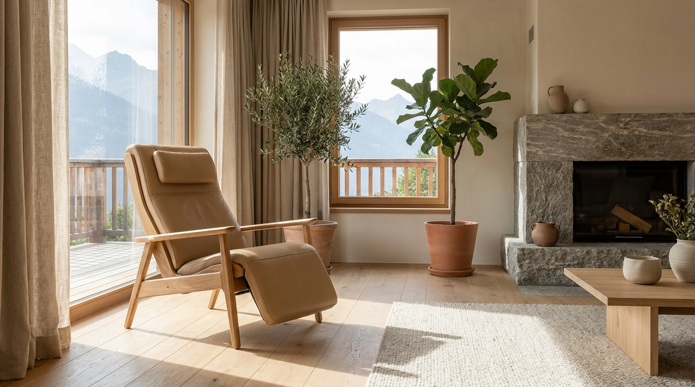 Moderner Massagesessel in einem hellen Wohnraum in der Schweiz