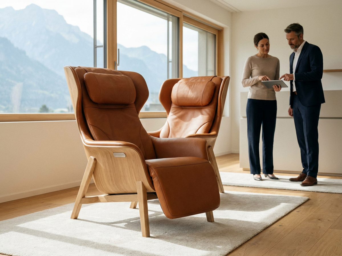 Moderner Massagesessel zum Probesitzen in einem hellen Showroom in Frauenfeld
