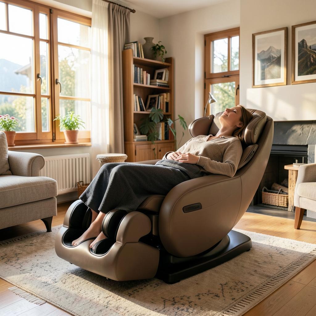 Person entspannt in einem Massagesessel während einer Rückenmassage in hellem Wohnzimmer