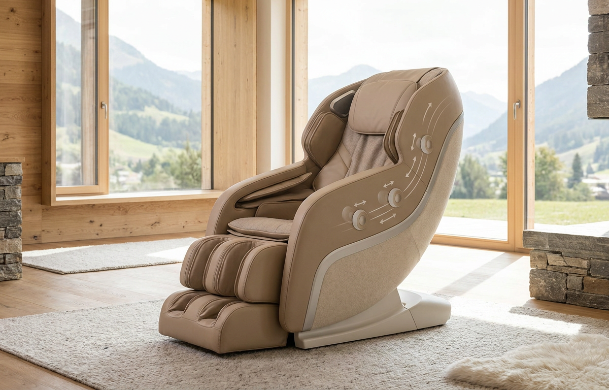 Massagesessel mit schematischer Darstellung der 4D-Rollenbewegung