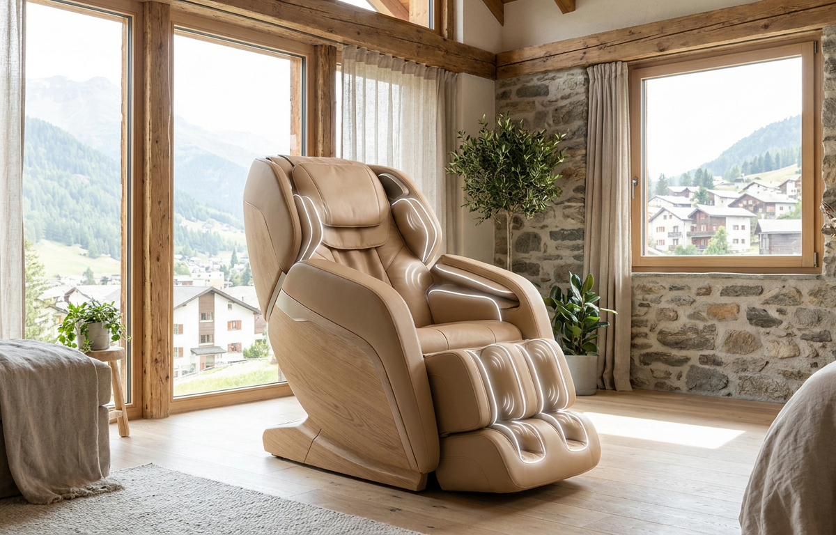Massagesessel mit hervorgehobenen Airbag-Massagezonen an Armen, Hüfte, Waden und Füssen
