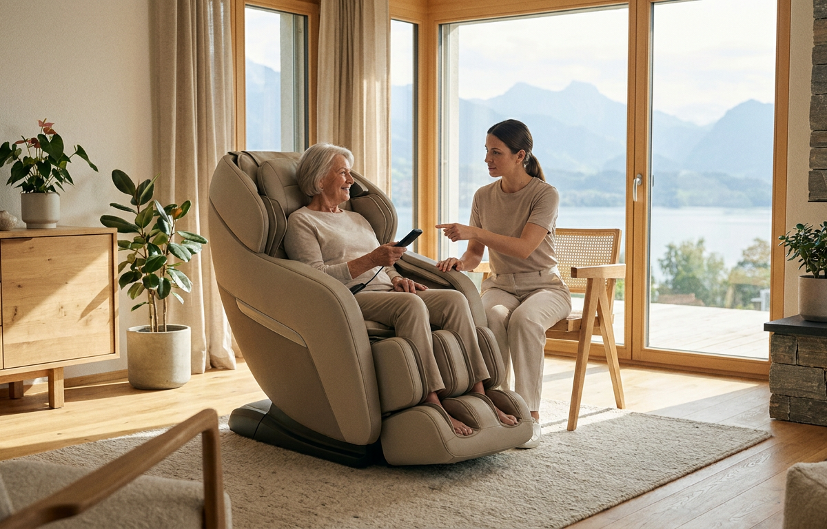 Seniorin testet einen Massagesessel bei einer persönlichen Beratung im Showroom Frauenfeld