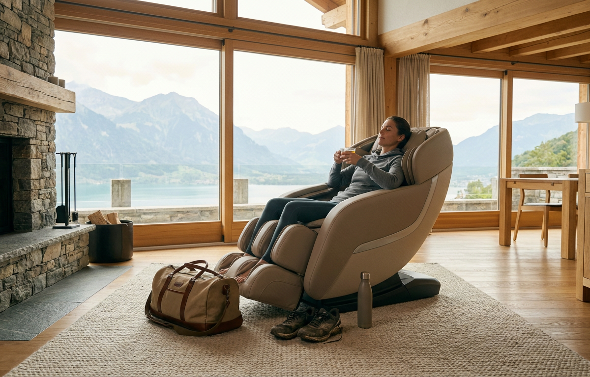 Sportliche Person entspannt nach dem Training in einem Massagesessel