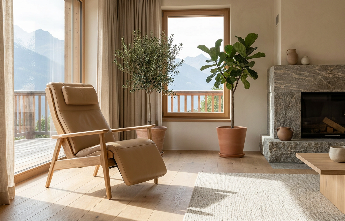 Moderner Massagesessel in einem hellen Wohnraum in der Schweiz