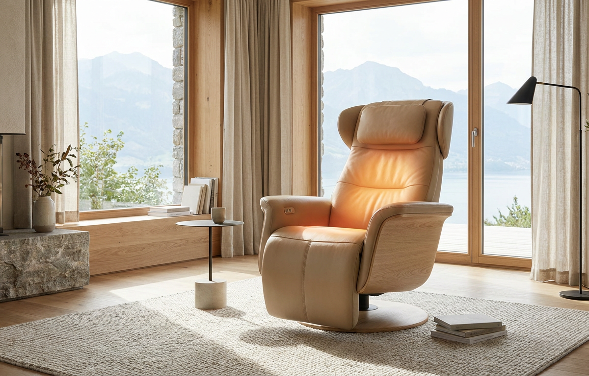 Moderner Massagesessel mit Wärmefunktion in einem hellen, gemütlichen Wohnraum