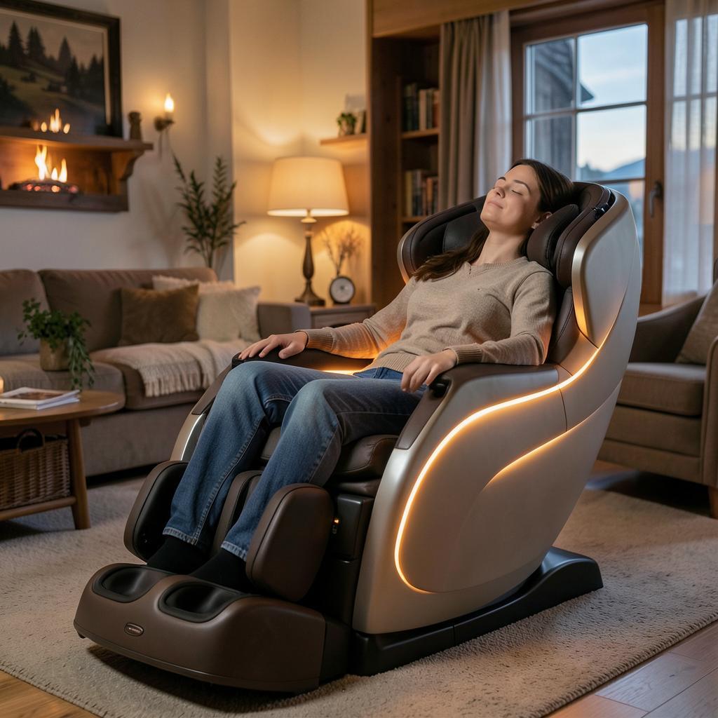 Massagesessel mit eingeschalteter Wärmefunktion im Rückenbereich in warmem Wohnzimmerlicht